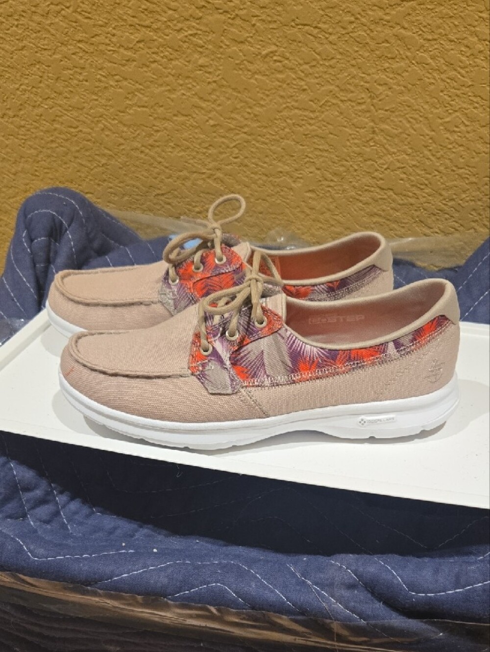 Skechers Beige Canvas Boat Shoes with Patterned Accents